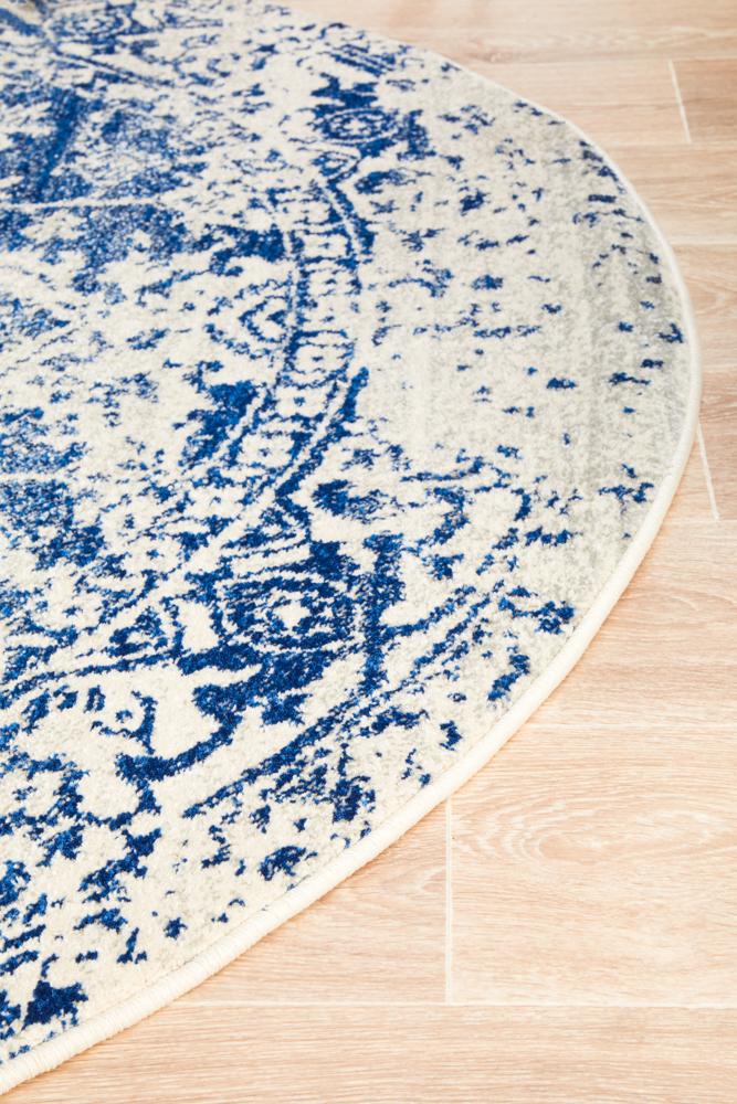 Evoke Horizon White Navy Transitional Round Rug