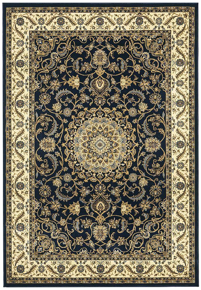 Sydney Collection Medallion Rug Blue With Ivory Border